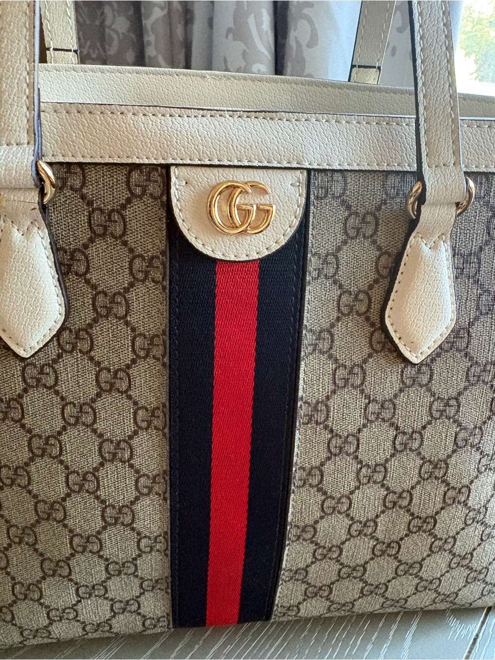 FASHION Beige Supreme Tote with Red & Blue Web Stripe and Cream Trim - Picture 4 of 10